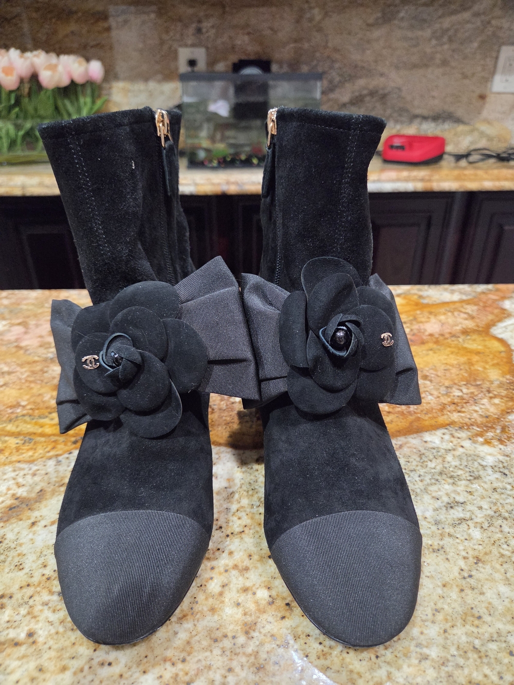 CHANEL Black Suede Camellia Bow Ankle Boots